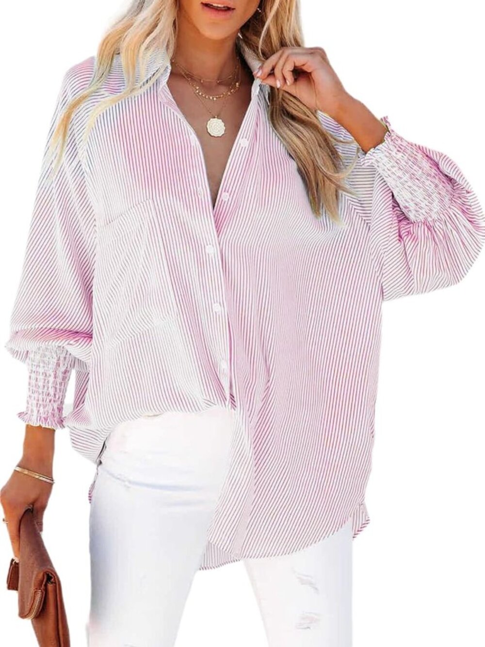 Chic Striped Button Down Blouse | Smocked Cuffed Boyfriend Shirt for Women